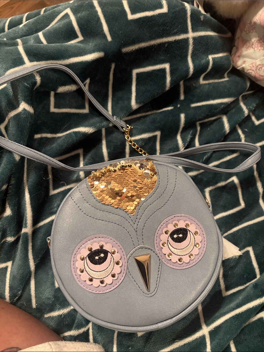 Grey Owl Sequin Accent Crossbody Bag